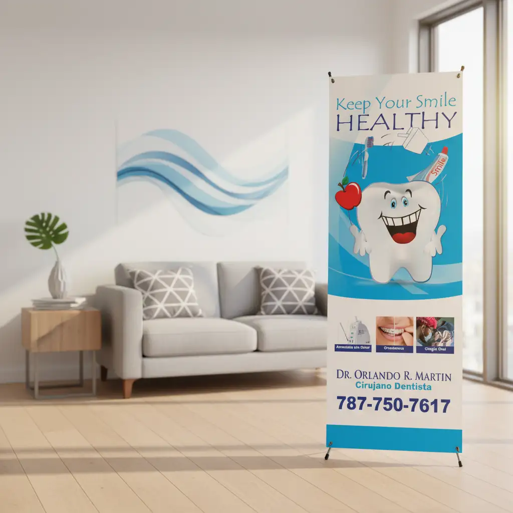 X-Banner publicitario en sala de espera para promoción de servicios